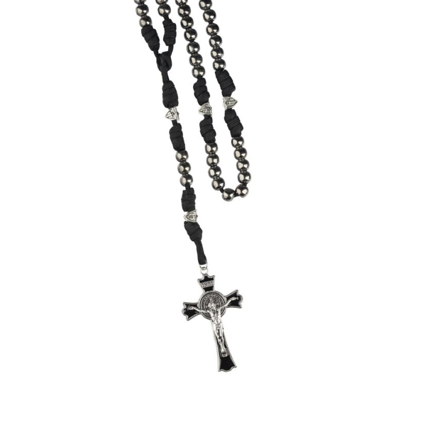 Růženec s paracord šňůrkou – hematit – 10 mm – stříbrnočerný